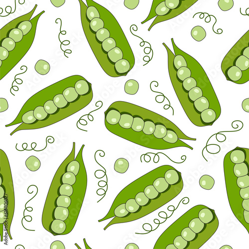 Green peas seamless pattern. Pea pod vegetable with seeds. Healthy eating Vegetable Ingredients for cooking.