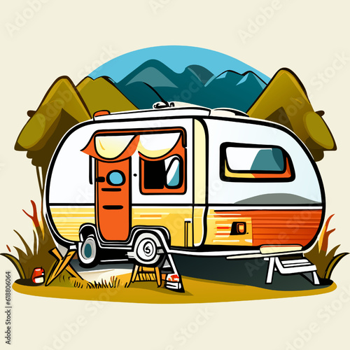 Vector illustration of a camping trailer with a mountain landscape in the background.