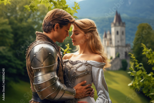 Romantic medieval fantasy princess in love and her lover knight in shining armour embracing, against a backdrop of a castle and blooming flowers.  photo