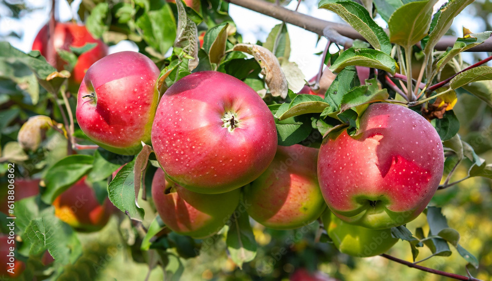 Many colorful red ripe juicy apples on a branch in the garden ready for harvest in autumn. Apple orchard Many colorful red ripe juicy apples on a branch in the garden ready for harvest in autumn. Apple orchard
