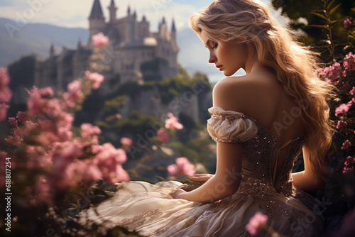 Tela A daydreaming, fantasy princess with lush hair, adorned in a lovely dress, immer