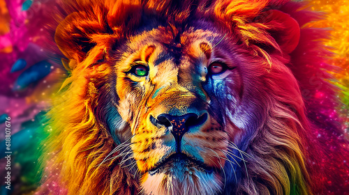 カラフルな雄ライオンの顔のイラスト背景　Generative AI photo