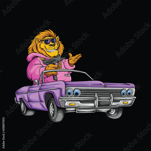 Gangsta Lion Cartoon With Gun and Car