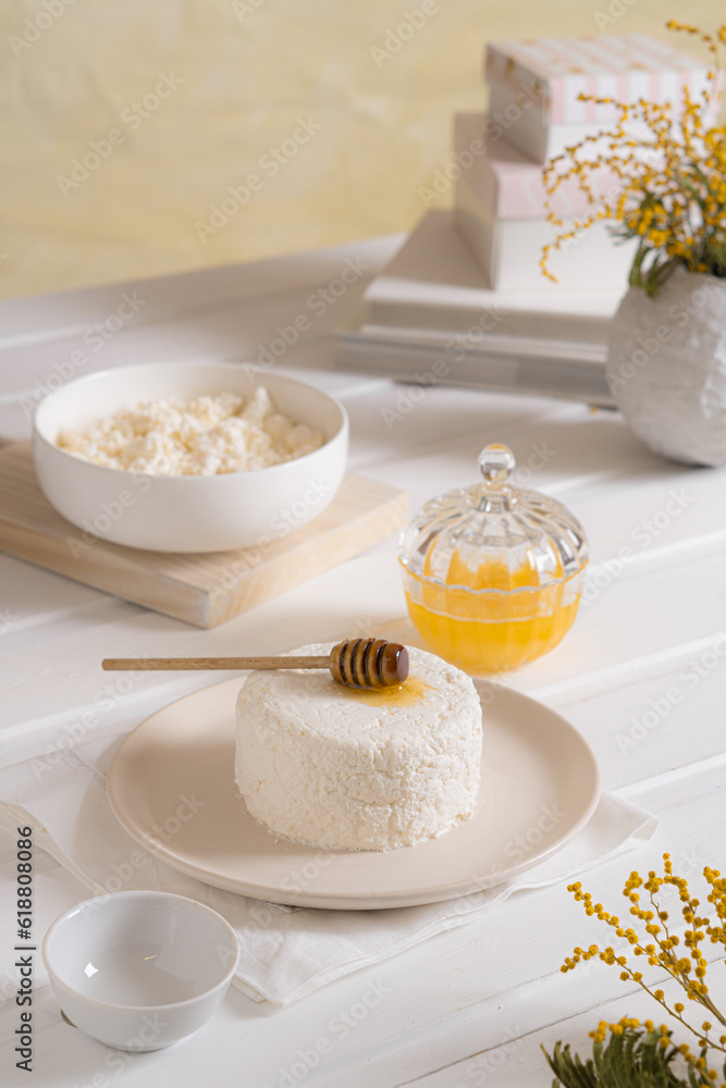 Curd with honey. Breakfast in bright colors Curd with honey. Breakfast in bright colors