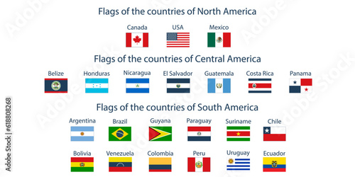 Flags of the countries of the world. Flags of the countries of North America, Central America, South America. Geography, atlas, world, travel photo