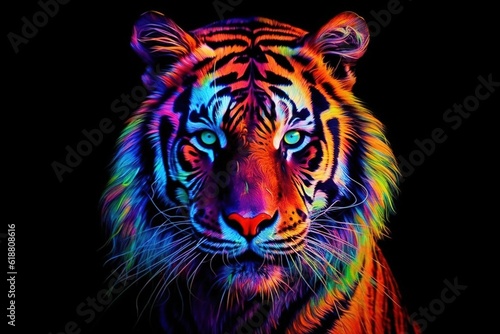 Colorful tiger paint on a black background. Created with generative AI.