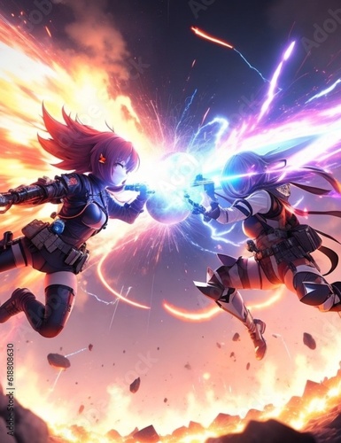 A fierce anime battle between two enemies, their weapons of choice are bombs that explode with a brilliant flash of light. "Created with generative AI tools"  © nabeelbaigart
