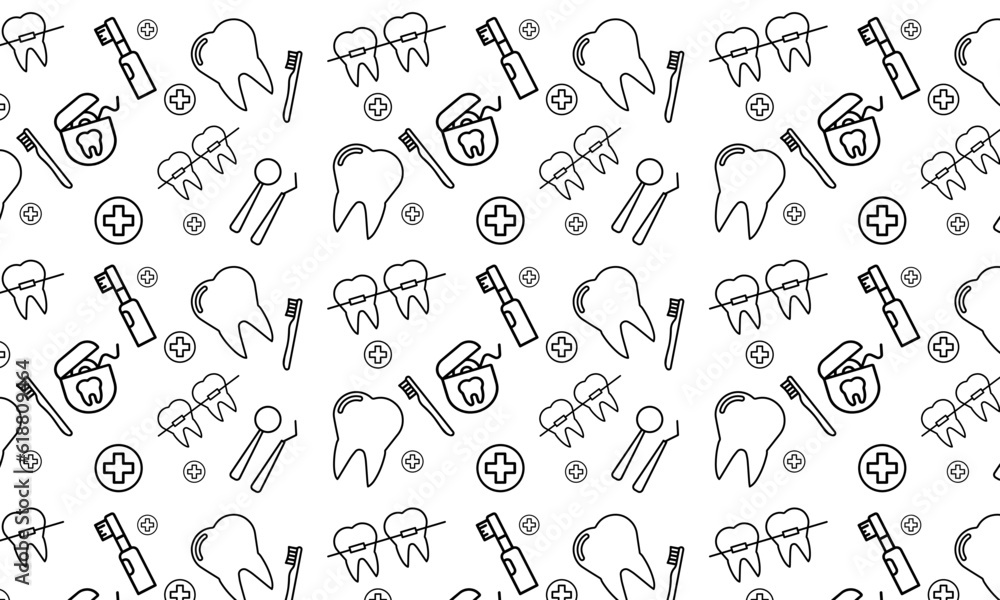 Dentist, orthodontics seamless pattern with line icons. Dental care, medical equipment, braces, tooth prosthesis, floss, caries treatment, toothpaste. Dentist, orthodontics seamless pattern with line icons. Dental care, medical equipment, braces, tooth prosthesis, floss, caries treatment, toothpaste.