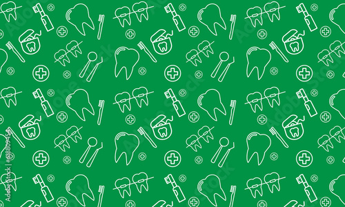 Dentist, orthodontics green seamless pattern with line icons. Dental care, medical equipment, braces, tooth prosthesis, floss, caries treatment, toothpaste.