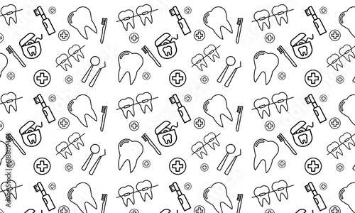 Dentist, orthodontics seamless pattern with line icons. Dental care, medical equipment, braces, tooth prosthesis, floss, caries treatment, toothpaste.