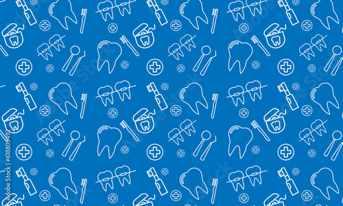 Dentist, orthodontics blue seamless pattern with line icons. Dental care, medical equipment, braces, tooth prosthesis, floss, caries treatment, toothpaste.