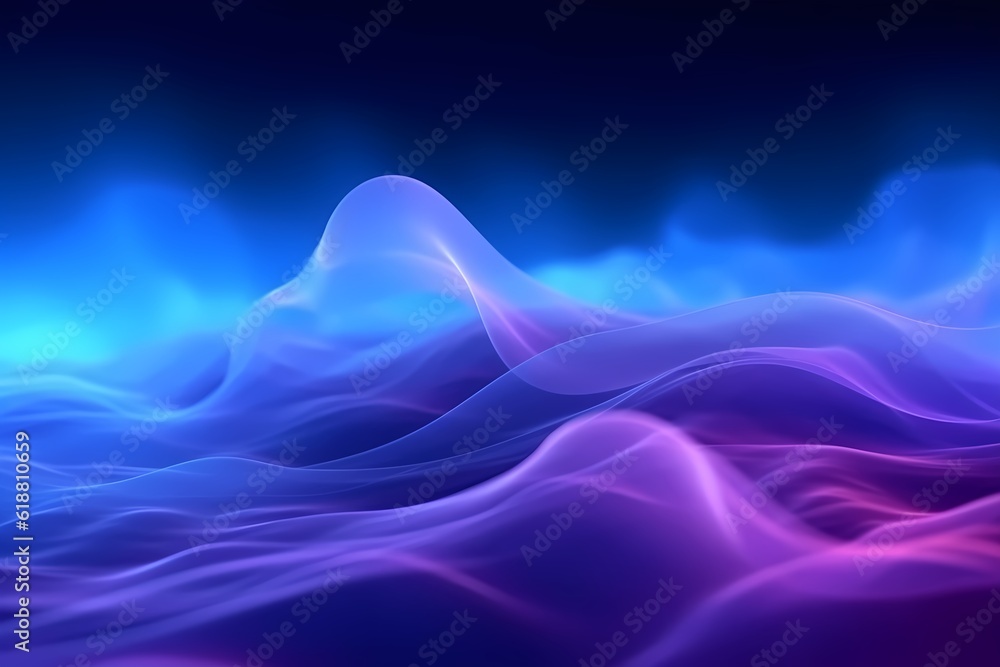 Abstract blue and purple waving fog smoke on dark background. Generative AI