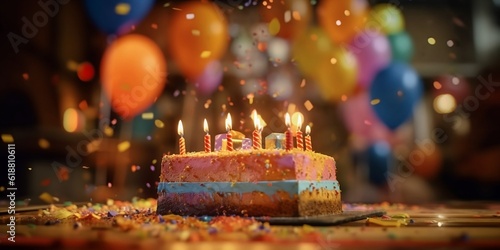 Square birthday cake with candles for kids party, backdrop with balloons out of focus. Created with generative AI tools