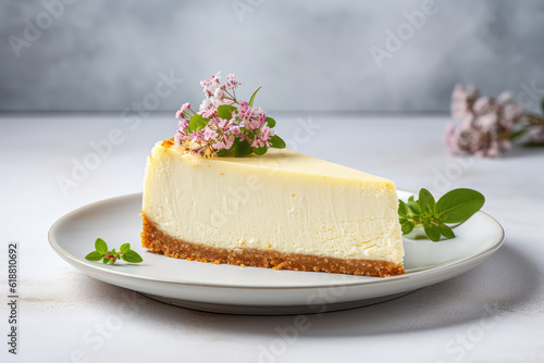 Classic vanilla cheesecake New York slice with flower on a light kitchen background. Generative AI photo.