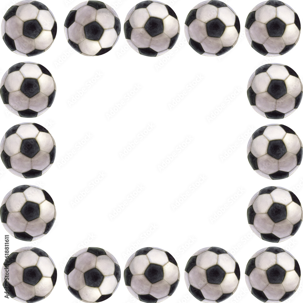Square frame football. Black and white soccer ball. Hand drawn watercolor illustration isolated on white background. For design postcard, sticker, poster, label, logo Square frame football. Black and white soccer ball. Hand drawn watercolor illustration isolated on white background. For design postcard, sticker, poster, label, logo