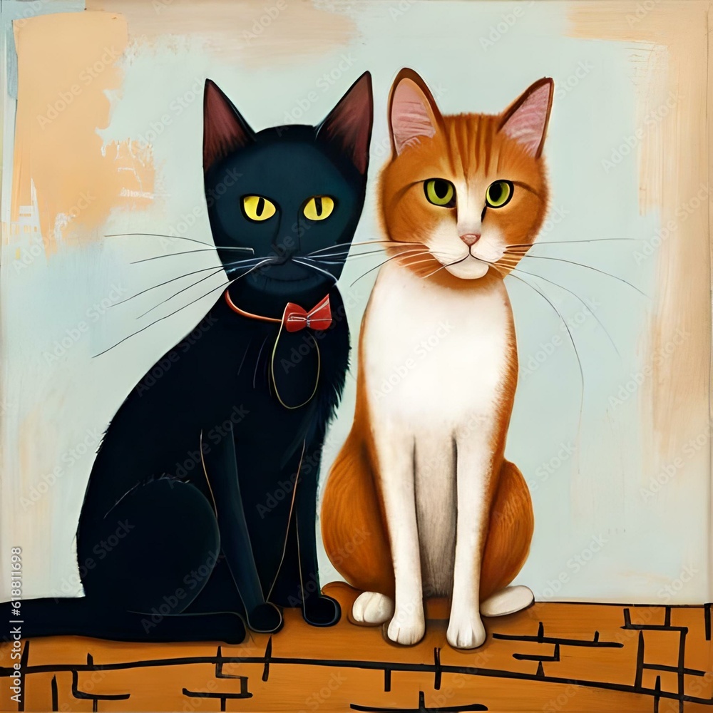 Fototapeta premium Dois gatos sentados no chão e olhando para a câmera, ilustração