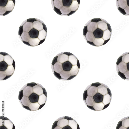 Seamless pattern football. Black and white soccer ball. Hand drawn watercolor illustration isolated on white background. For design postcard, sticker, poster, label, logo