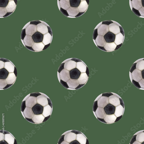Seamless pattern football. Black and white soccer ball. Hand drawn watercolor illustration isolated on green background. For design postcard  sticker  poster  label  logo