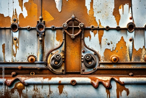 Porta de metal enferrujado de um velho vagão de trem com rebites. photo