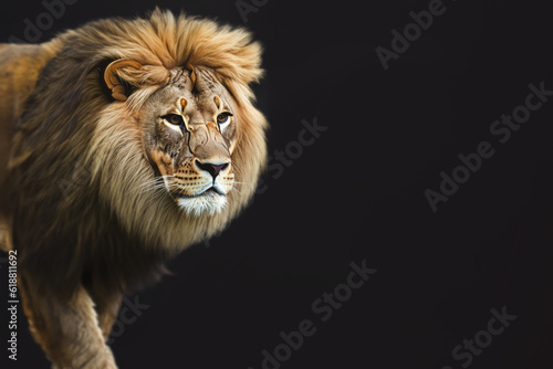 Big African lion, portrait on a black background