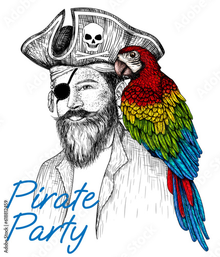 Vector illustration of a bearded pirate in a hat, bandana and eyepatch with a colorful macaw parrot on his shoulder in the style of engraving