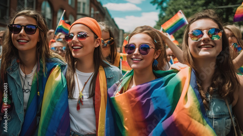 LGBTQ Pride Parade in the city, Happy Smiling girls, Cheerful Walking multiracial People with rainbow flags celebrating Gay Pride festival event - Lgbt concept  © Syntetic Dreams