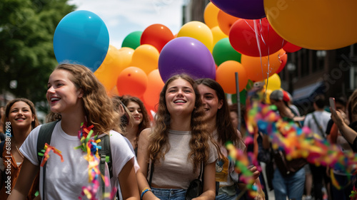 LGBTQ Pride Parade in the city, Happy Smiling girls, Cheerful Walking multiracial People with rainbow flags celebrating Gay Pride festival event - Lgbt concept 