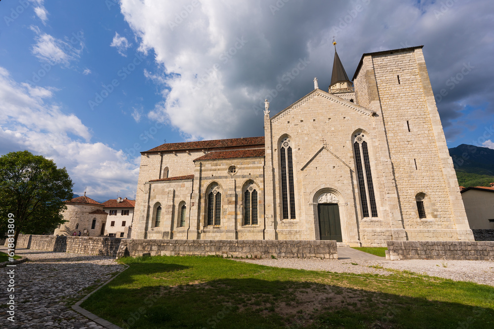 view of the Cathedral of Sant'andrea apostolo in Venzone. Venzone, Friuli_Italy.  June 12, 2023.