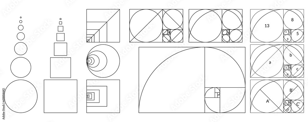 Golden ratio geometric concept set. Divine proportion collection. Geometric shapes with ideal section composition icons. Geometry harmony and balance illustration