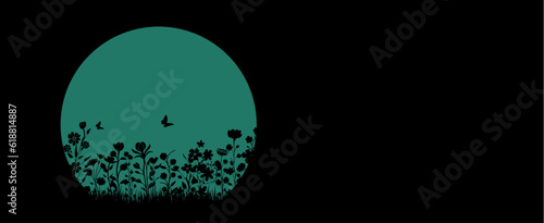 Vektor Silhouetten - Mond hinter Blumen, Pflanzen, Büschen und Gräsern