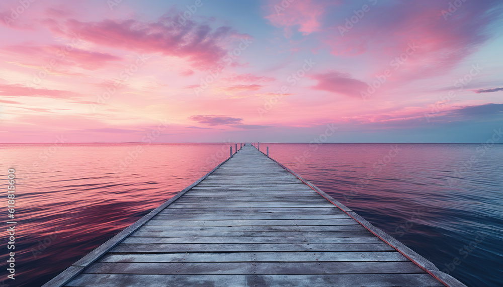 Wooden pier on the lake at beautiful sunset. Dramatic sky. generative AI image.