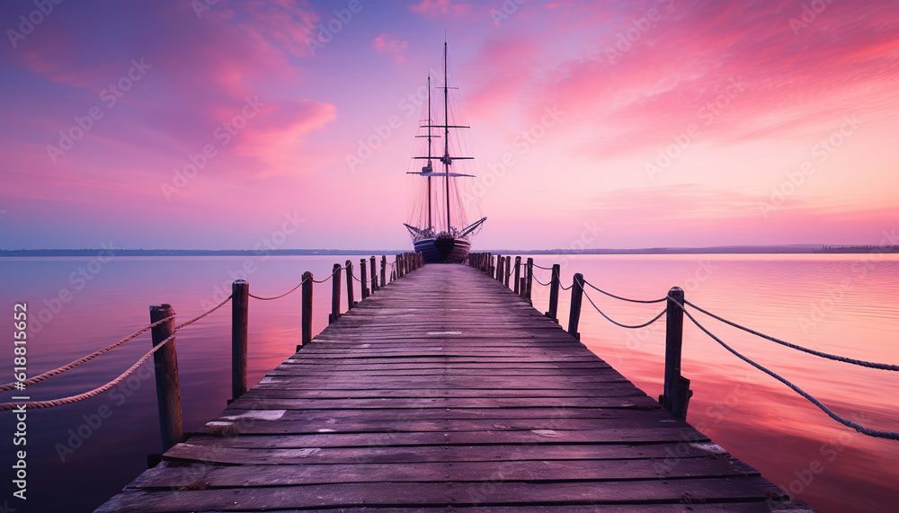 Wooden pier and sailing ship at sunset. Beautiful seascape. generative AI image.