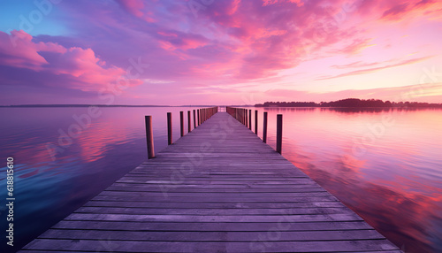 Wooden pier on the lake at beautiful sunset. Dramatic sky. generative AI image.