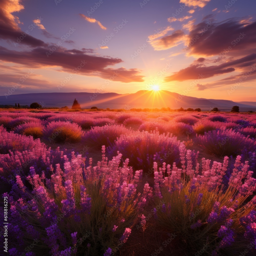 lavender landscape at sunset. Spectacular landscape at sunset