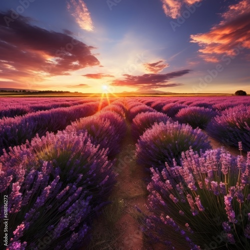 lavender landscape at sunset. Spectacular landscape at sunset