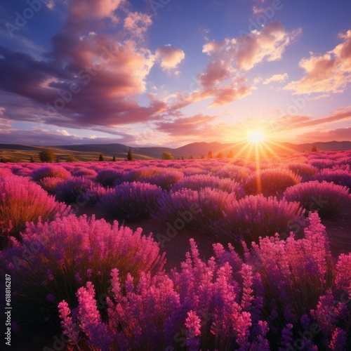 lavender landscape at sunset. Spectacular landscape at sunset