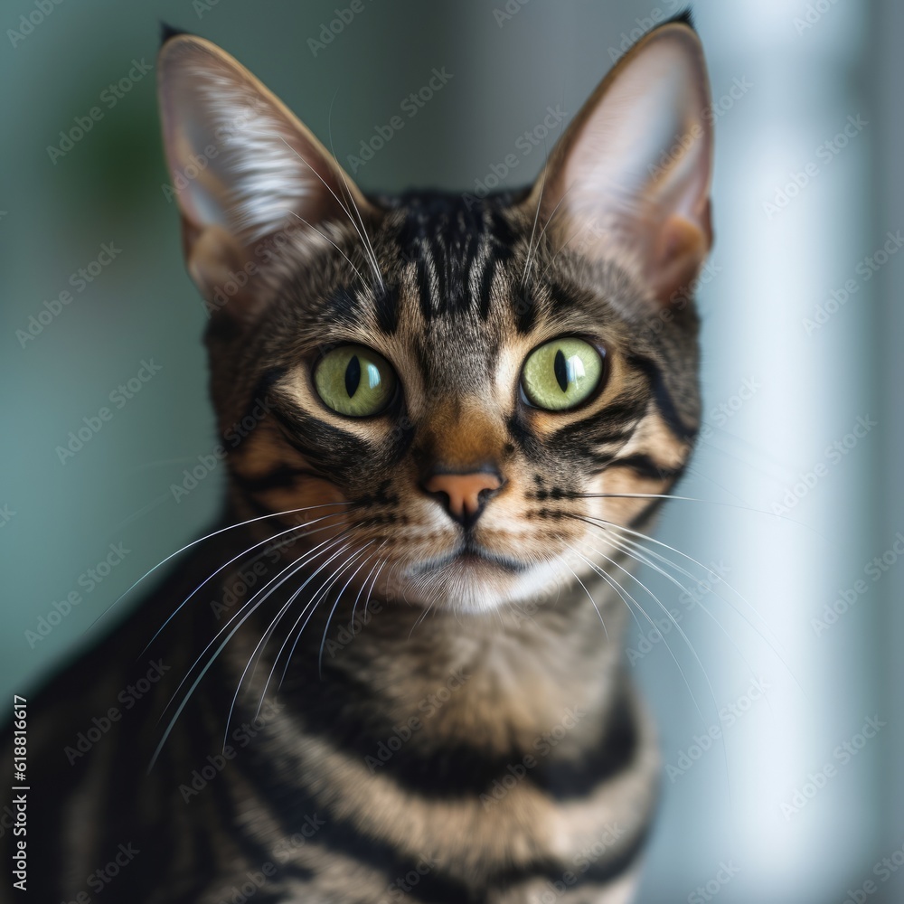 Portrait of a dark Bengal cat sitting in a light room beside a window. Closeup face of a beautiful black Bengal cat at home. Portrait of a tabby Bengal cat with sleek fur looking at the camera.