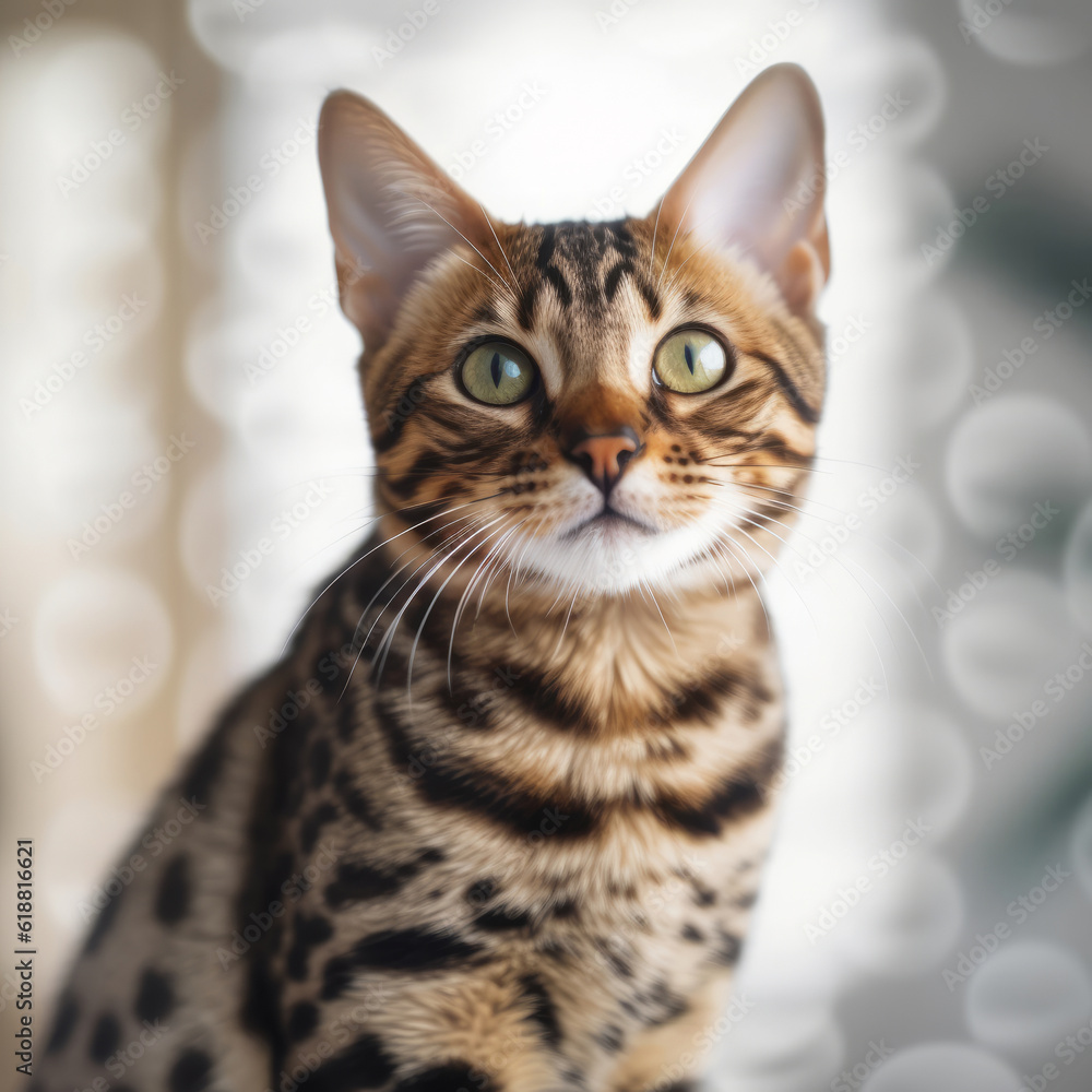 Portrait of a brown Bengal cat sitting in a light room beside a window. Closeup face of a beautiful spotted Bengal cat at home. Portrait of a tabby Bengal cat with sleek fur looking at the camera.