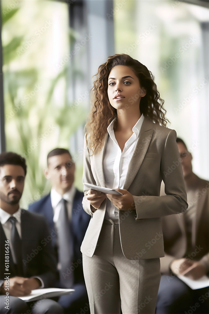 Young mixed race female entrepreneur, coach or speaker giving presentation to a group of investors, students or employees at office briefing. AI generated image. Young mixed race female entrepreneur, coach or speaker giving presentation to a group of investors, students or employees at office briefing. AI generated image.