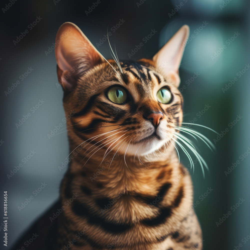 Portrait of a dark Bengal cat sitting in a light room beside a window. Closeup face of a beautiful brown Bengal cat at home. Portrait of a tabby Bengal cat with sleek fur looking outside the window.