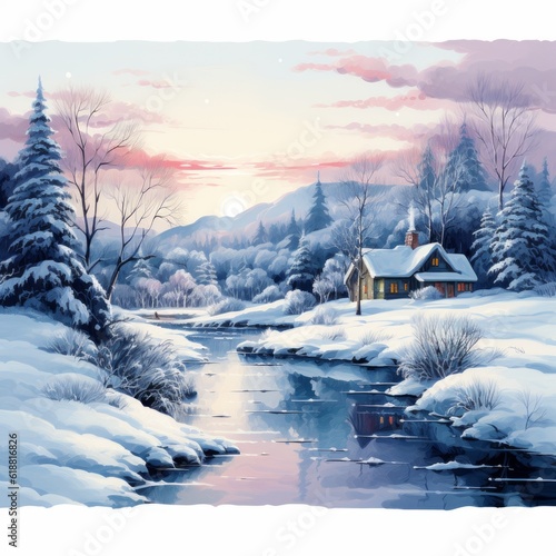 oil painting on canvas of a snowy winter landscape
