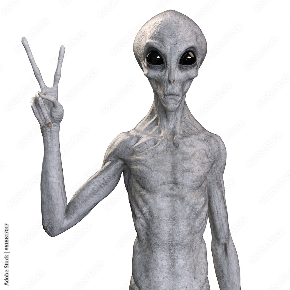Grey alien on transparent background, 3d render Grey alien on transparent background, 3d render
