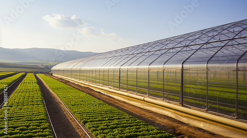 Sustainable Farming Solutions: Industrial Greenhouse in a Field, Generative AI © BPawesome