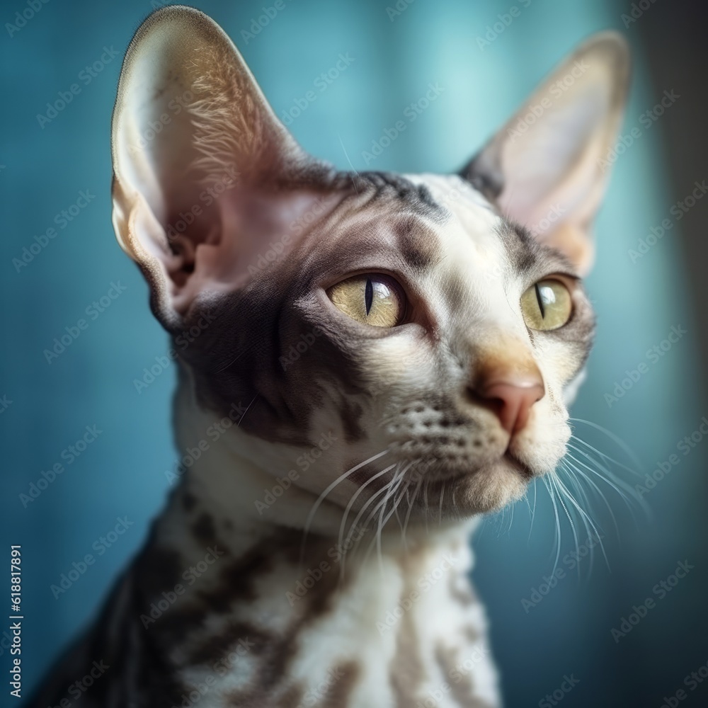 Portrait of a blue Cornish Rex cat sitting in light room beside a window. Closeup face of a beautiful Cornish Rex cat at home. Portrait of a graceful Cornish Rex cat with sleek fur looking to the side