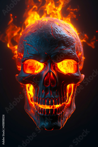 Skull with glowing eyes and flame in its mouth is shown in this image. Generative AI.