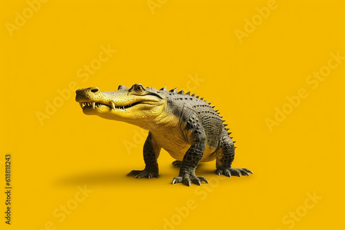Large alligator standing on top of yellow floor next to yellow wall. Generative AI.
