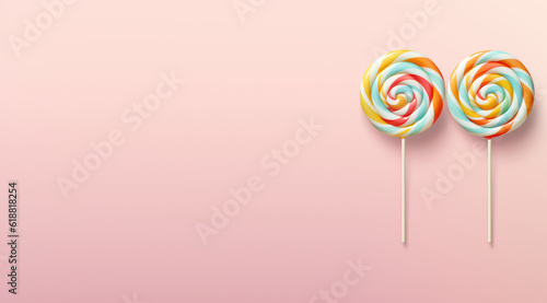 Two round lollipops on a stick with a rainbow spiral isolated on a pastel pink background. Copy space for text, sweet candy banner template. Generative AI photo.