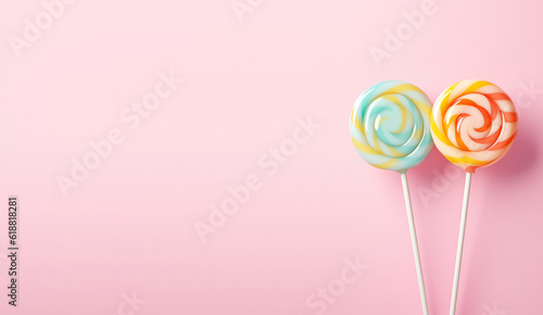 Two round lollipops on a stick with a rainbow spiral isolated on a pastel pink background. Copy space for text, sweet candy banner template. Generative AI photo.