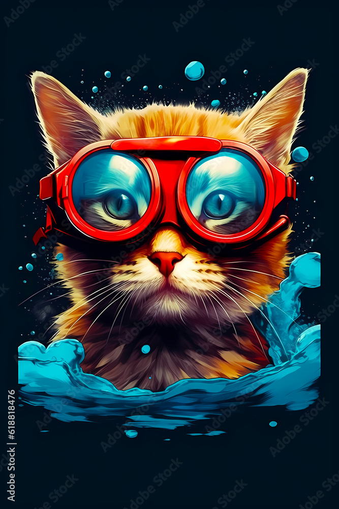 Image of cat wearing goggles and floating in pool of water. Generative AI.