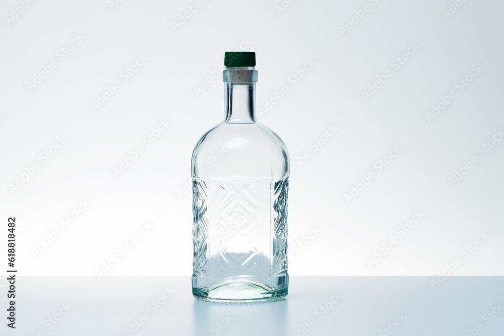 Glass bottle with green cap on white table with white background. Generative AI.